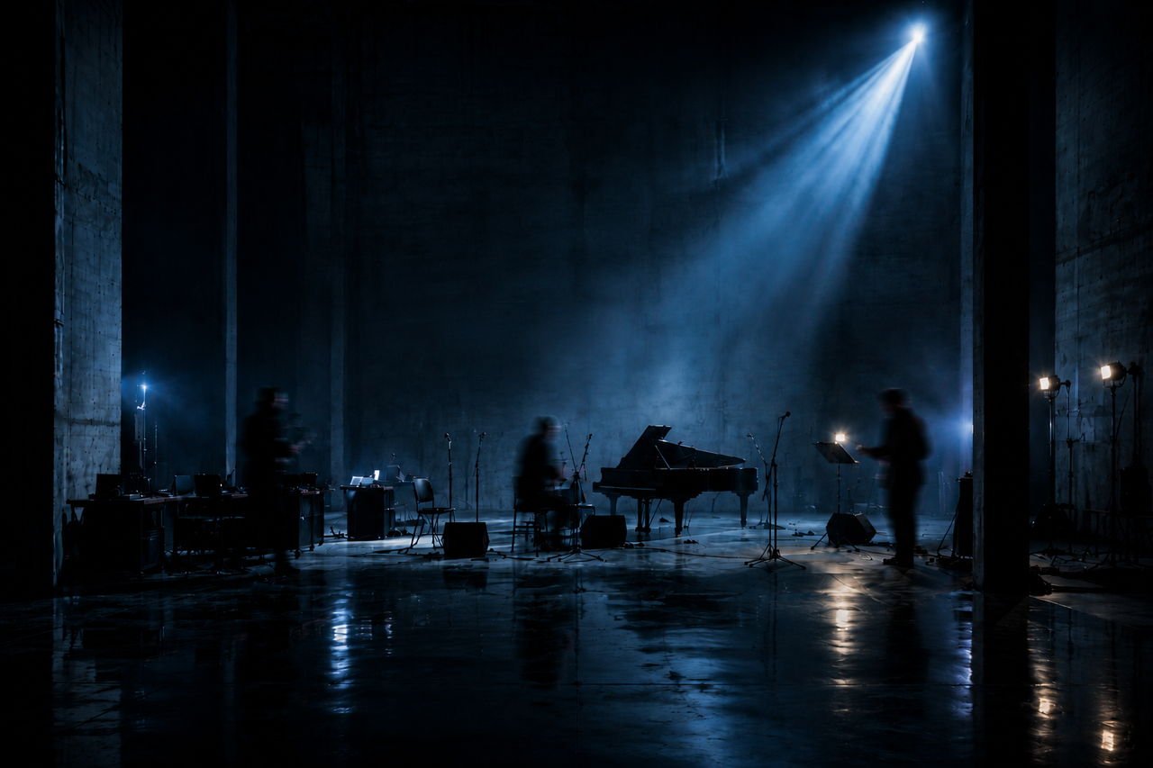 An ensemble performing in a vast industrial hall, lit from above by a single shaft of light.